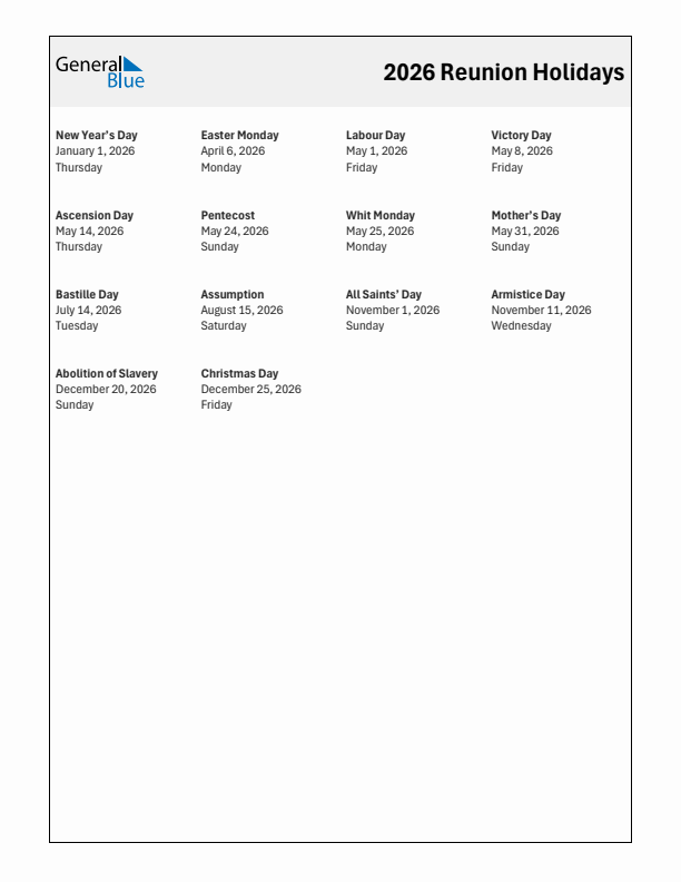 Free printable list of Reunion holidays for year 2026