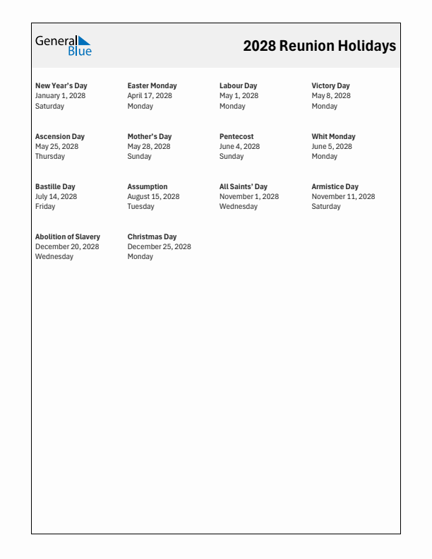 Free printable list of Reunion holidays for year 2028