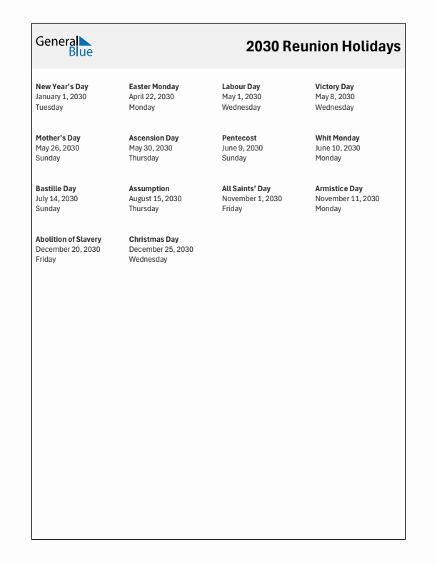 Free printable list of Reunion holidays for year 2030