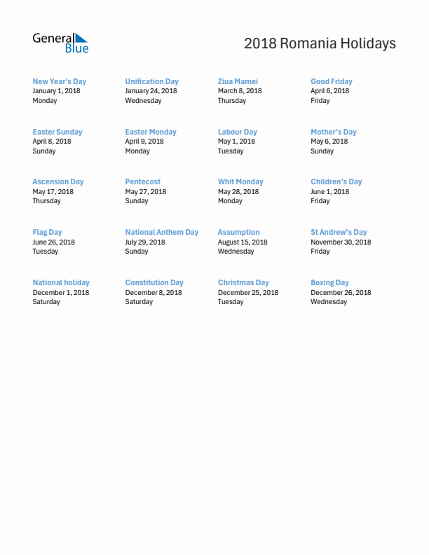 Free printable list of Romania holidays for year 2018