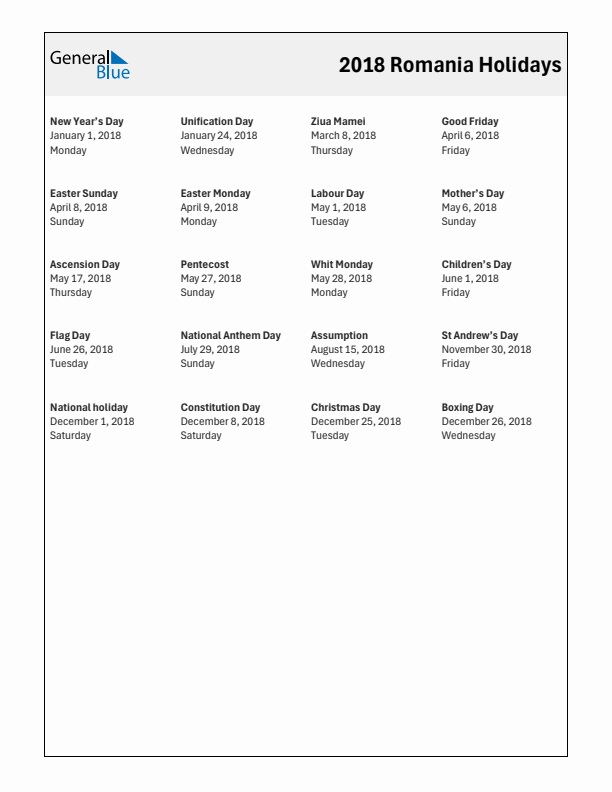 Free printable list of Romania holidays for year 2018