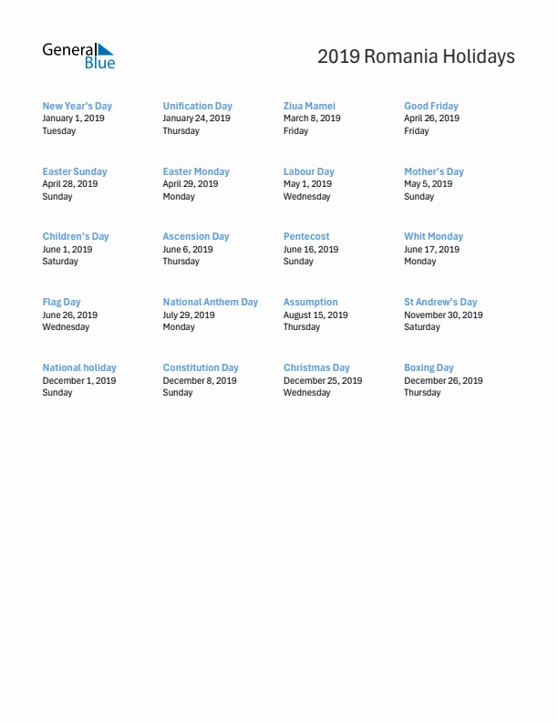 Free printable list of Romania holidays for year 2019