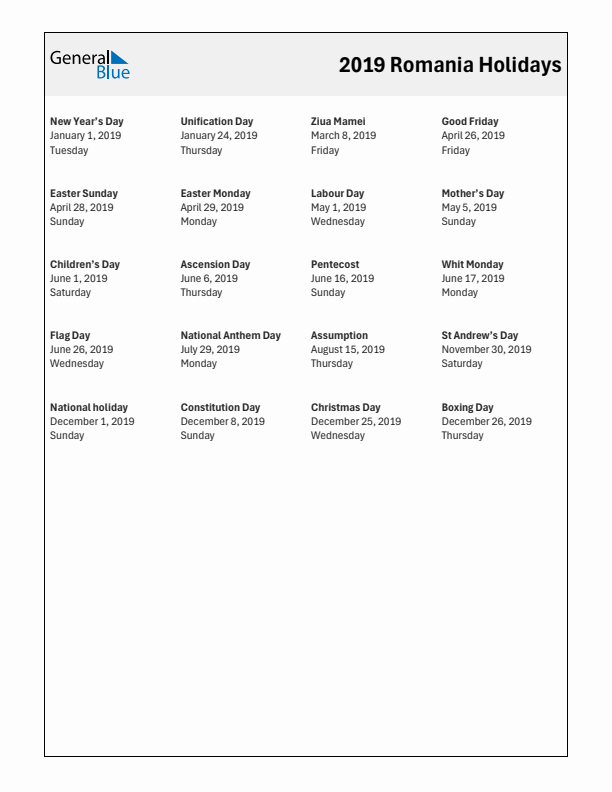 Free printable list of Romania holidays for year 2019