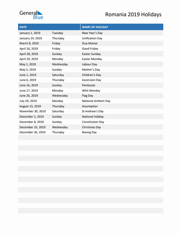 Free printable list of Romania holidays for year 2019