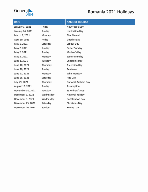 Free printable list of Romania holidays for year 2021