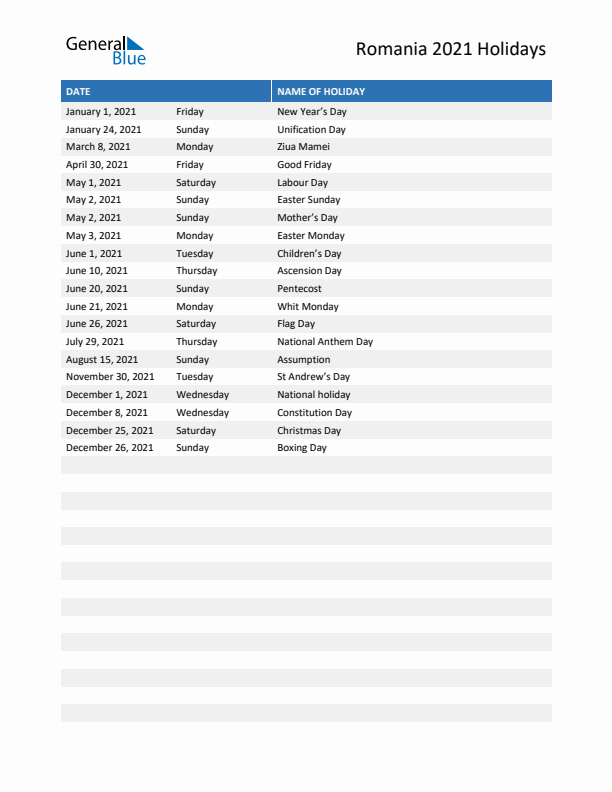 Free printable list of Romania holidays for year 2021