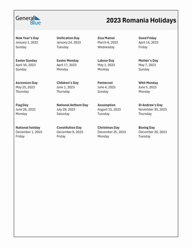 Free printable list of Romania holidays for year 2023