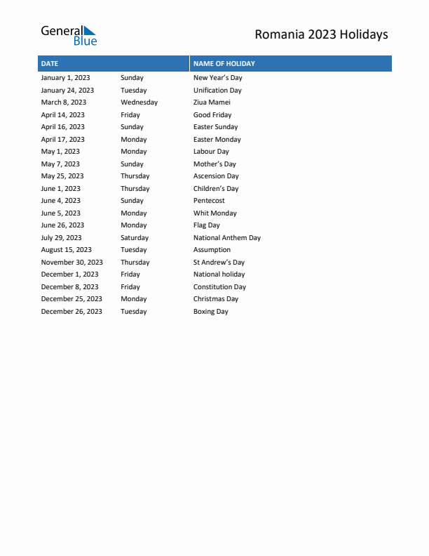 Free printable list of Romania holidays for year 2023