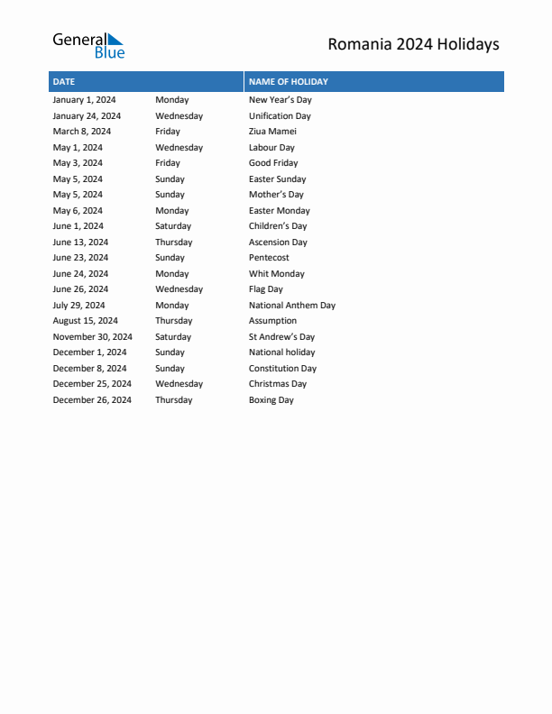 Free printable list of Romania holidays for year 2024