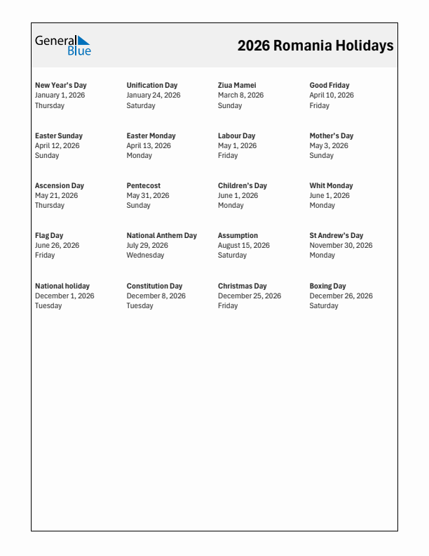 Free printable list of Romania holidays for year 2026