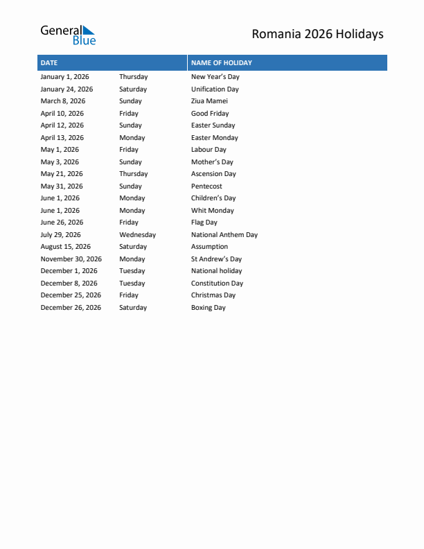 Free printable list of Romania holidays for year 2026