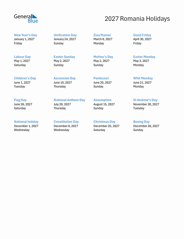 Free printable list of Romania holidays for year 2027