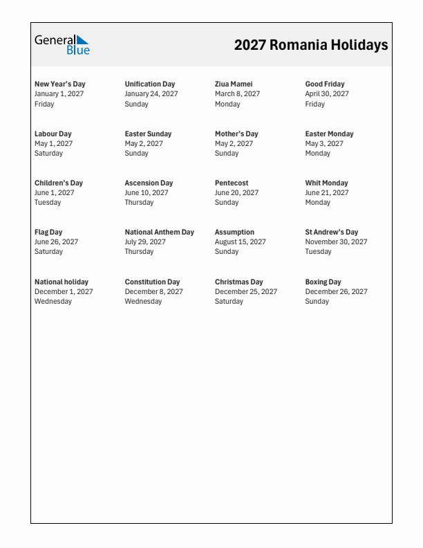 Free printable list of Romania holidays for year 2027