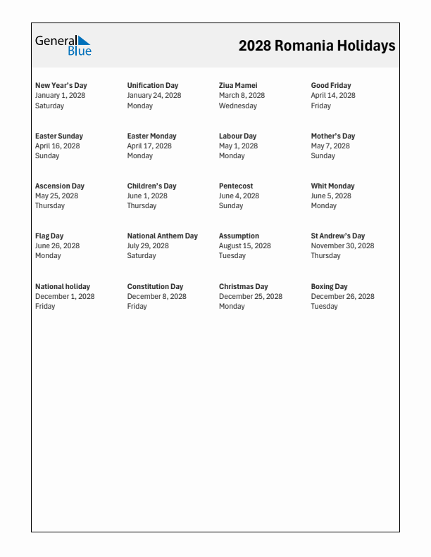 Free printable list of Romania holidays for year 2028