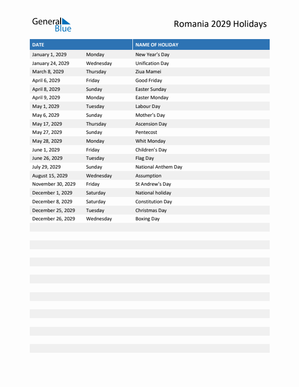 Free printable list of Romania holidays for year 2029