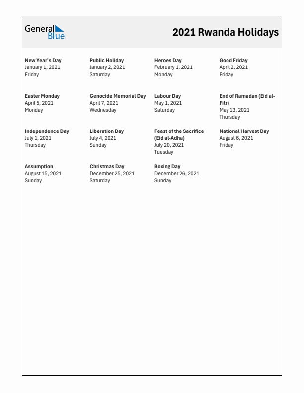 Free printable list of Rwanda holidays for year 2021