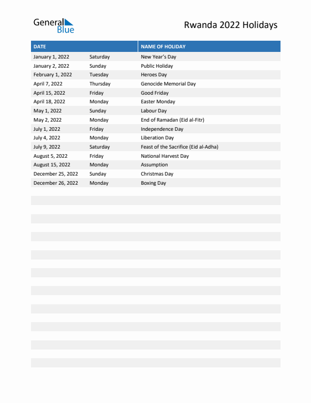 Free printable list of Rwanda holidays for year 2022