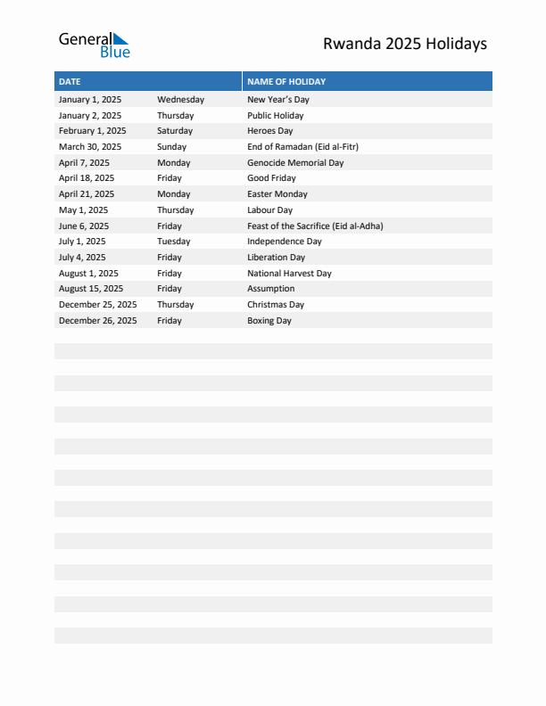 Free printable list of Rwanda holidays for year 2025