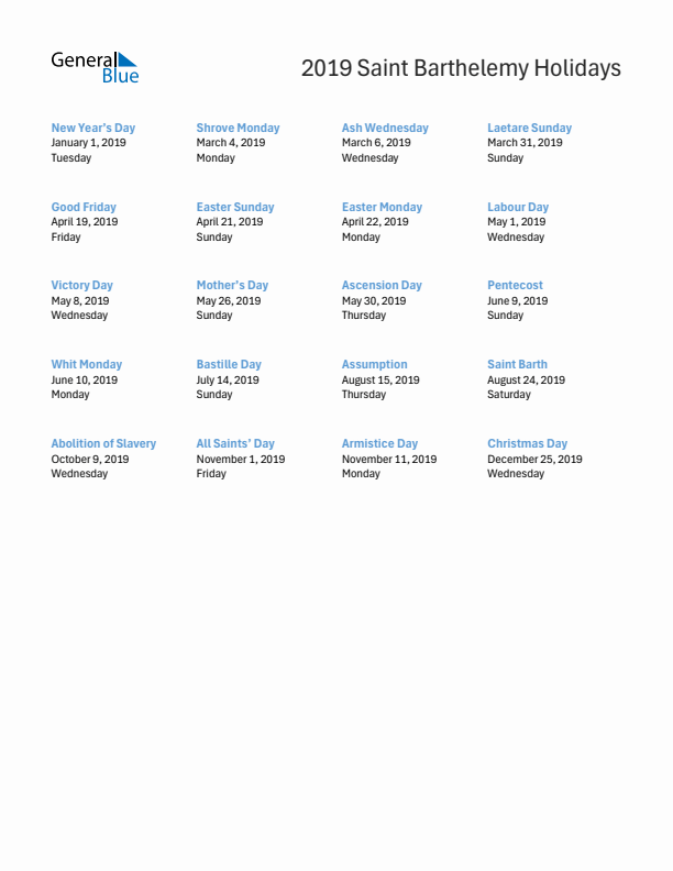 Free printable list of Saint Barthelemy holidays for year 2019