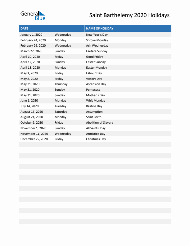 Free printable list of Saint Barthelemy holidays for year 2020