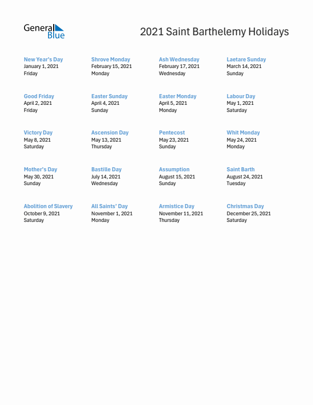 Free printable list of Saint Barthelemy holidays for year 2021