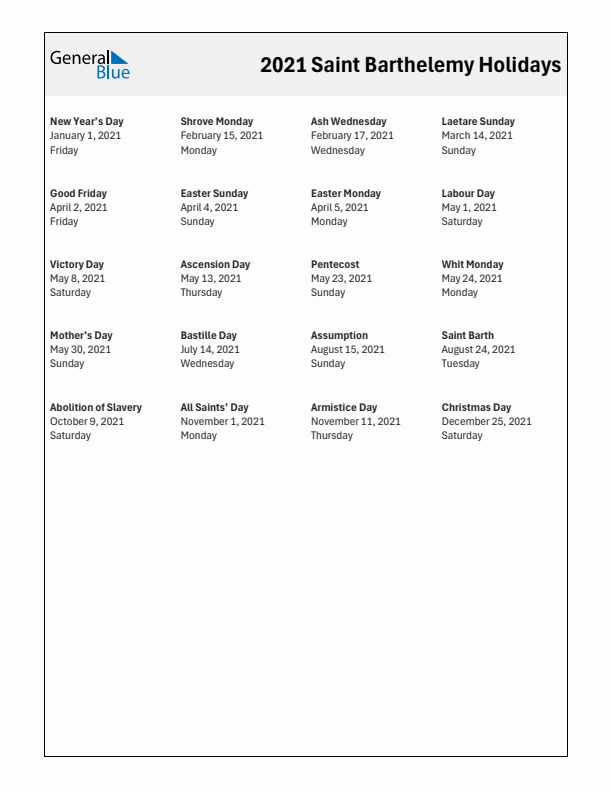 Free printable list of Saint Barthelemy holidays for year 2021