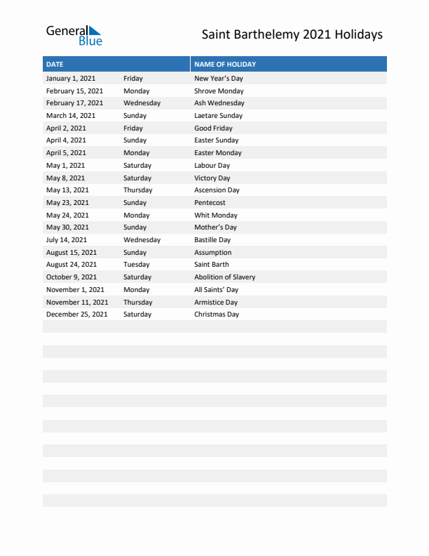 Free printable list of Saint Barthelemy holidays for year 2021