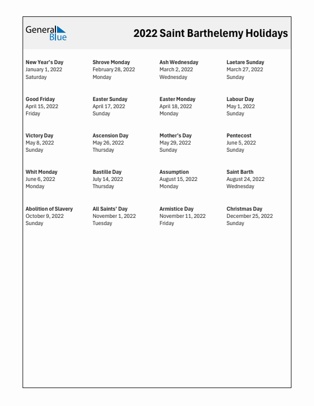 Free printable list of Saint Barthelemy holidays for year 2022