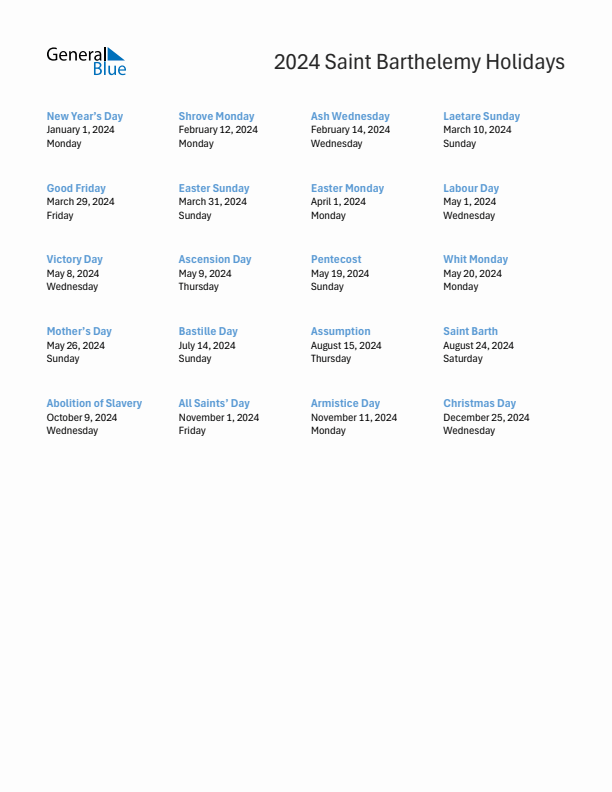 Free printable list of Saint Barthelemy holidays for year 2024