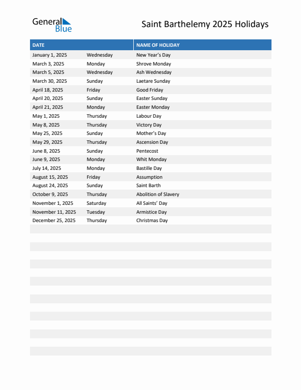 Free printable list of Saint Barthelemy holidays for year 2025