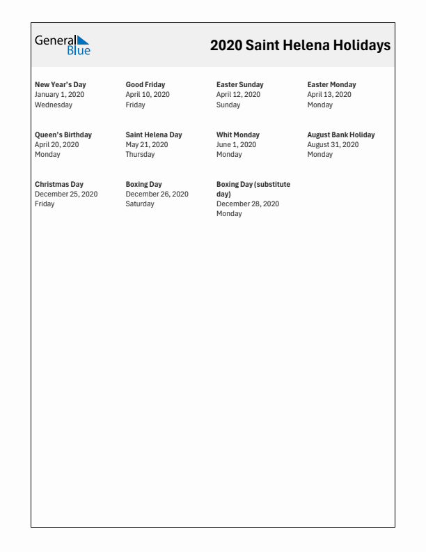 Free printable list of Saint Helena holidays for year 2020