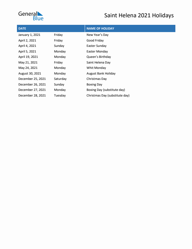 Free printable list of Saint Helena holidays for year 2021