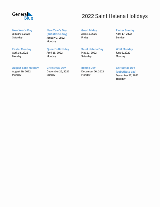 Free printable list of Saint Helena holidays for year 2022