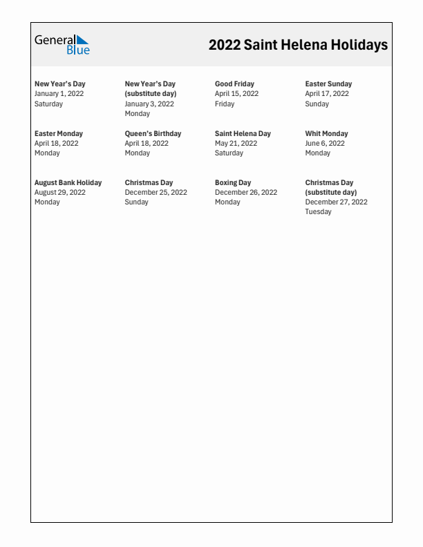 Free printable list of Saint Helena holidays for year 2022