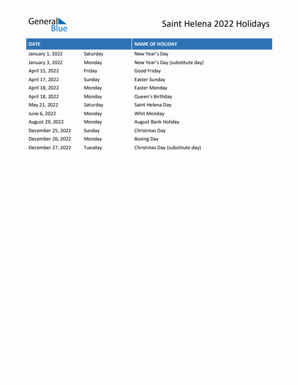 Free printable list of Saint Helena holidays for year 2022