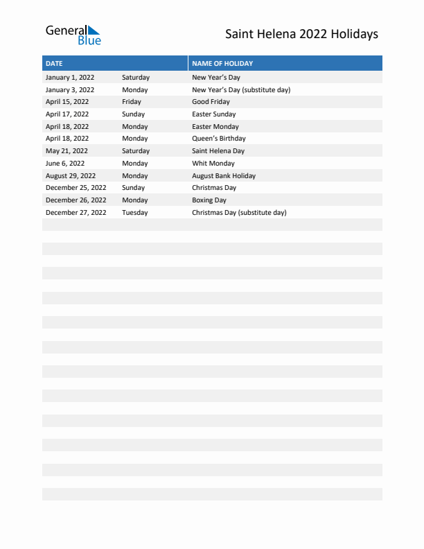 Free printable list of Saint Helena holidays for year 2022