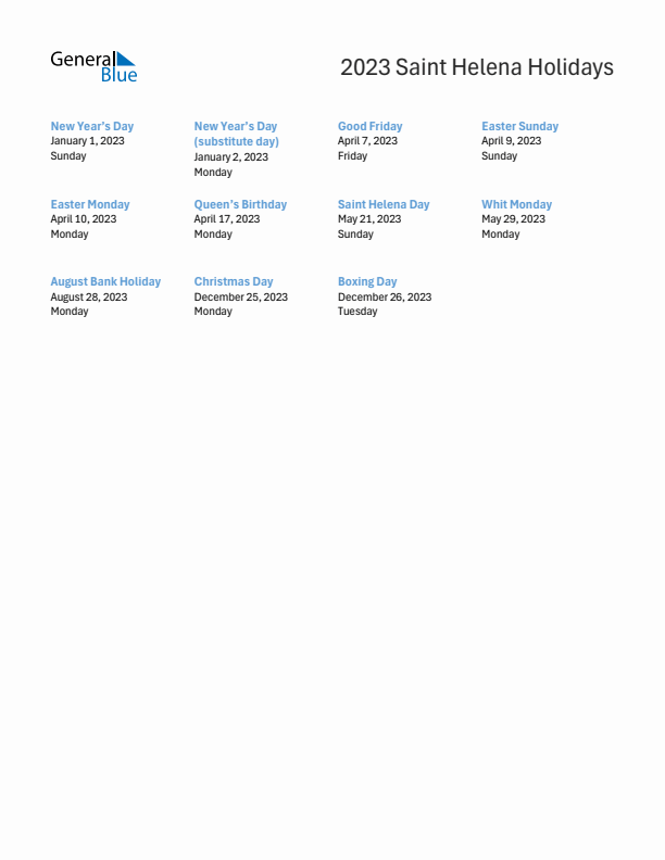 Free printable list of Saint Helena holidays for year 2023