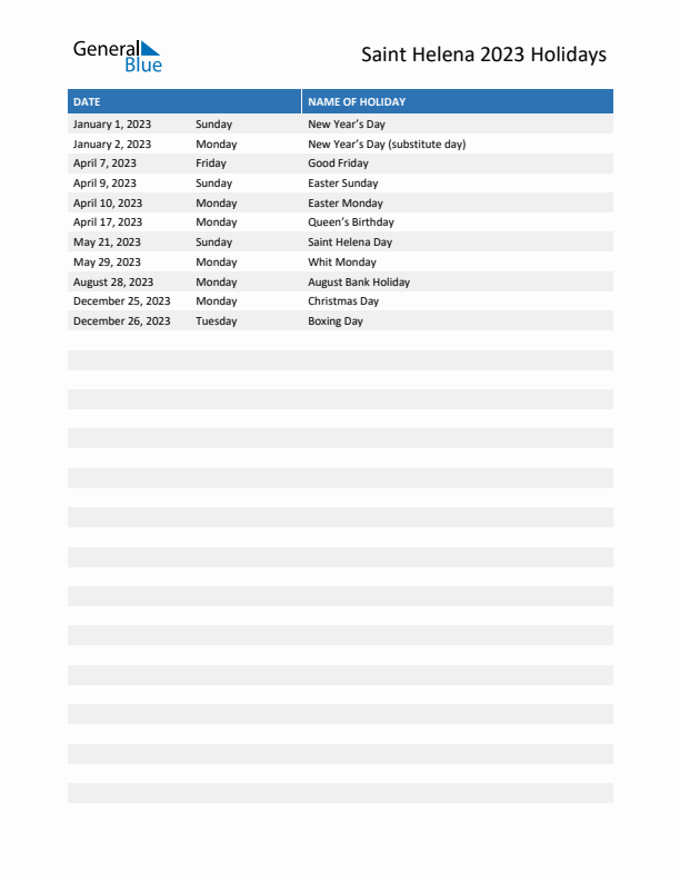 Free printable list of Saint Helena holidays for year 2023