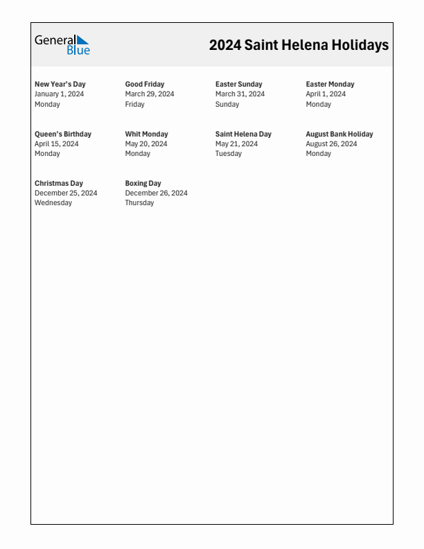 Free printable list of Saint Helena holidays for year 2024