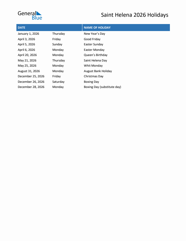 Free printable list of Saint Helena holidays for year 2026