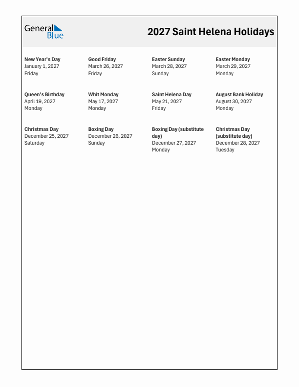 Free printable list of Saint Helena holidays for year 2027