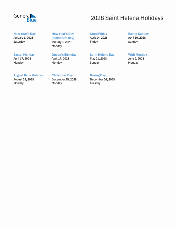 Free printable list of Saint Helena holidays for year 2028