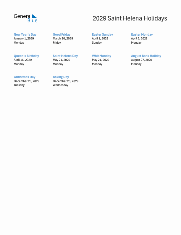 Free printable list of Saint Helena holidays for year 2029