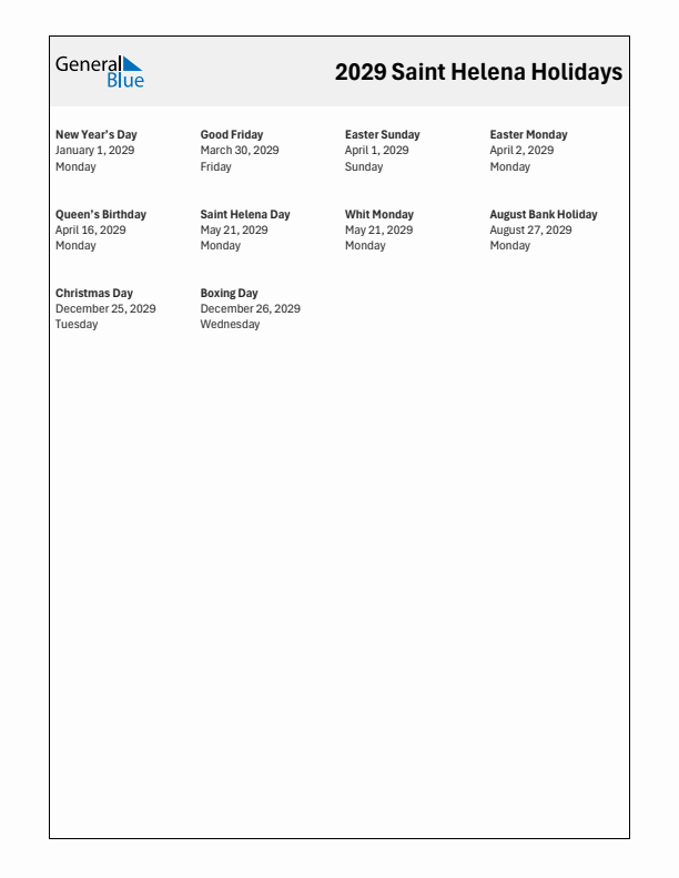Free printable list of Saint Helena holidays for year 2029