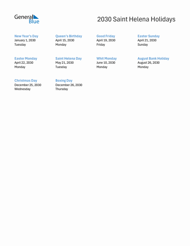 Free printable list of Saint Helena holidays for year 2030