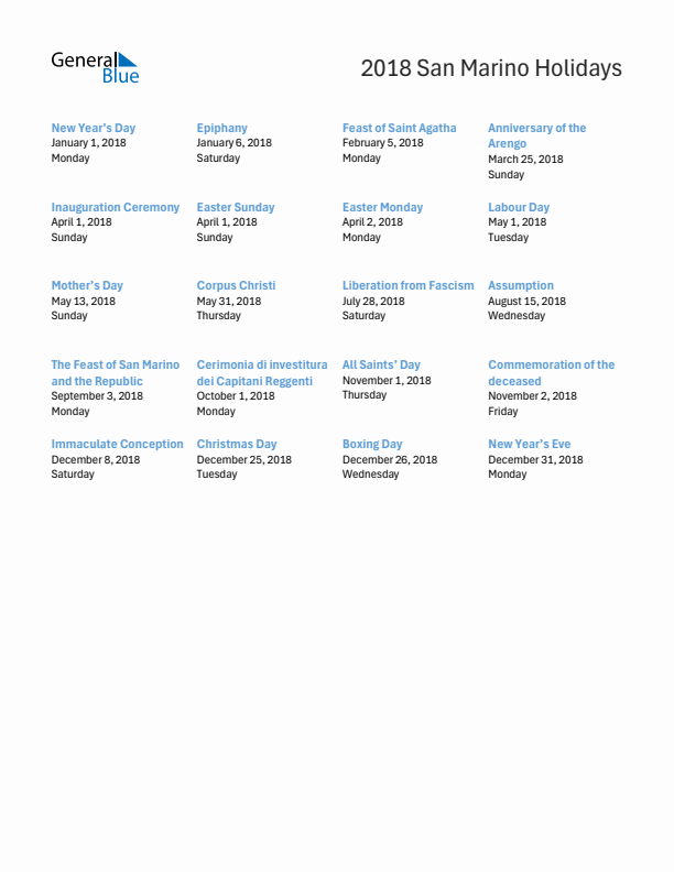 Free printable list of San Marino holidays for year 2018