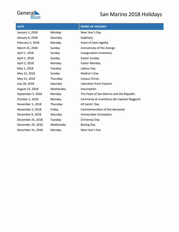 Free printable list of San Marino holidays for year 2018