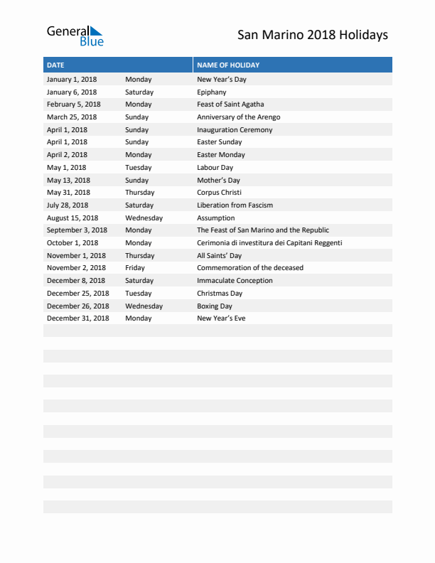 Free printable list of San Marino holidays for year 2018