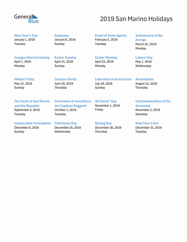 Free printable list of San Marino holidays for year 2019