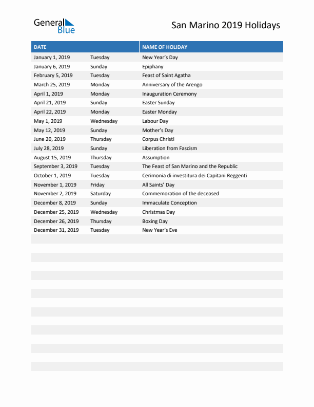 Free printable list of San Marino holidays for year 2019